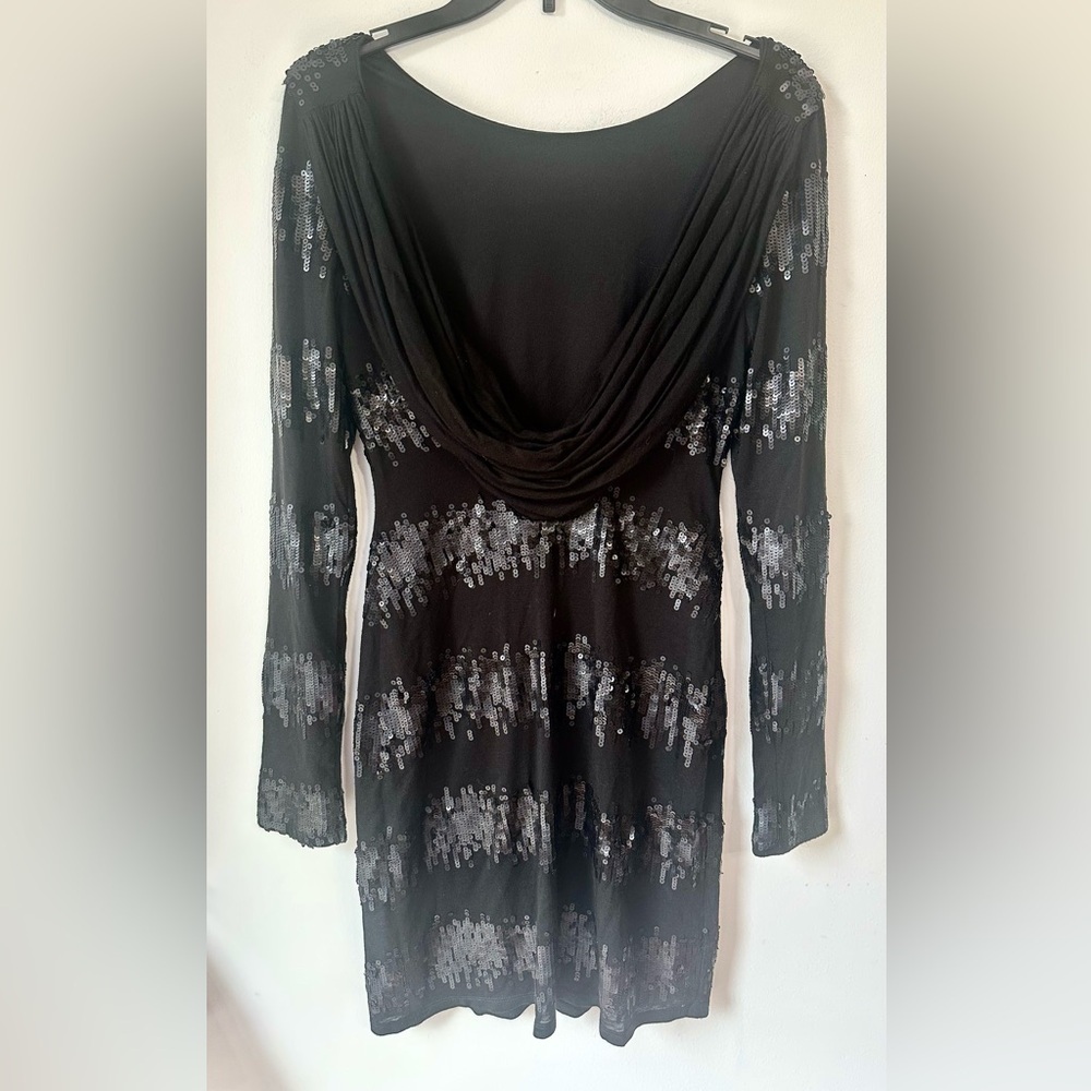 Badgley Mischka Black Sequin Jersey Long Sleeve Dress open Draped Back sz Small - Picture 2 of 9